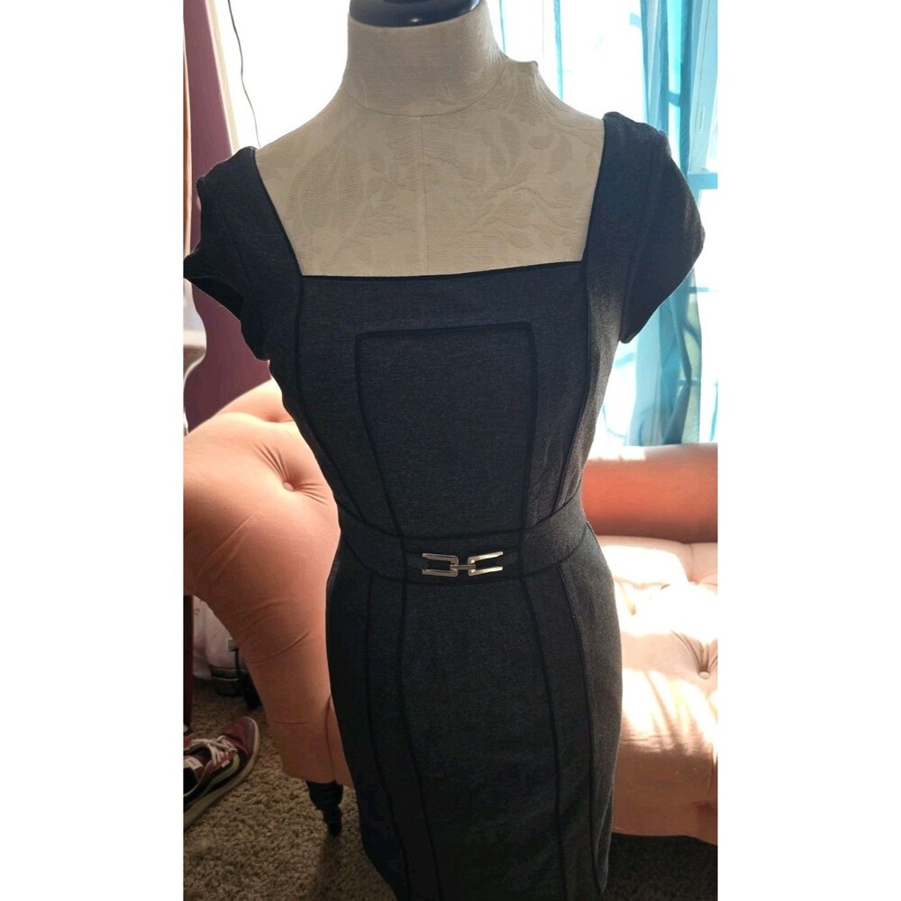 White House Black Market Gray Sheath Dress Square Neck Black Piping Silver...